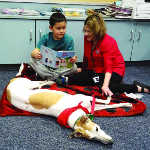 a small boy reading to a therapy dog team