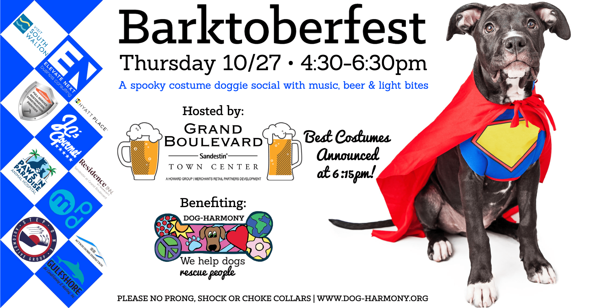 graphic of dog in superman costume with event details: barktoberfest on october 27 from 4:30-6:30pm at grand boulevard