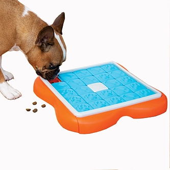 french bull dog sniffing a nina ottosson and outward hound pet puzzle game