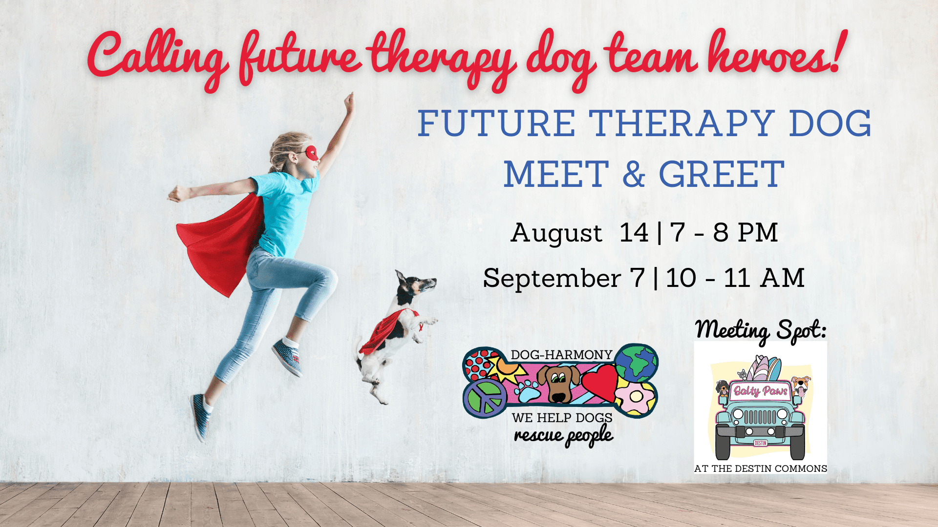 graphics for future therapy dog meet and greet with nancy bown cpdt-ka at salty paws pet boutique on august 14 or september 7, 2024